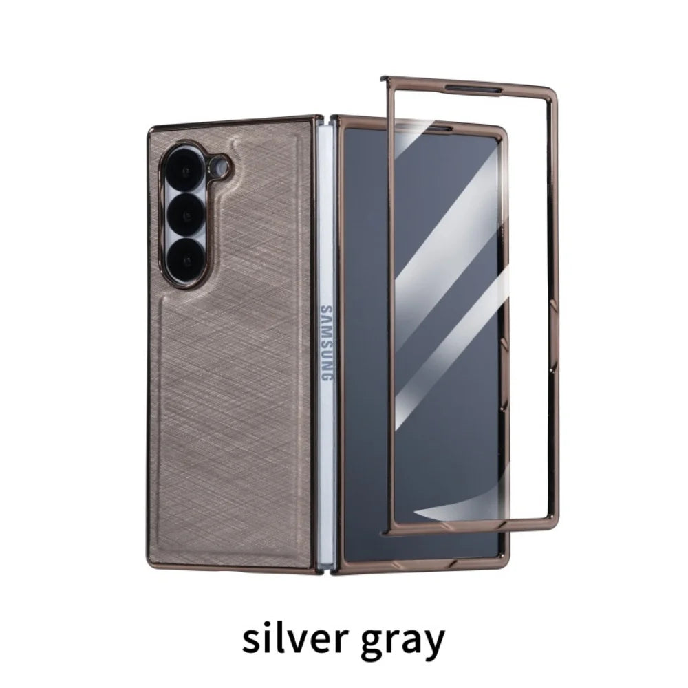 For Samsung Z Fold 7 Leather Case Luxury PC Electroplate Built-in Screen Protector Full Body Cover for Samsung Galaxy Z Fold 6 5