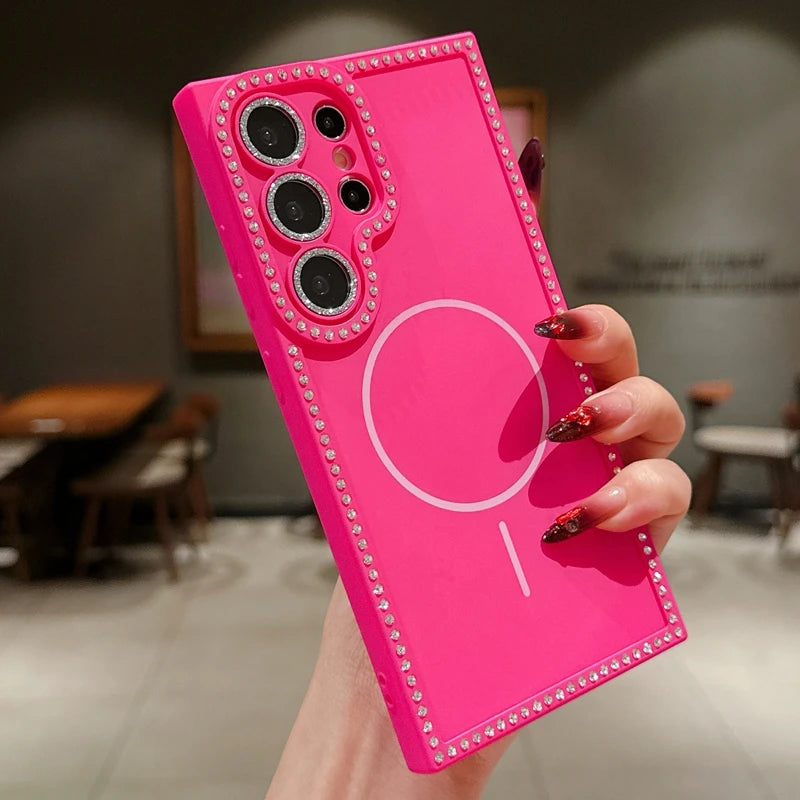 Diamond Camera Magsafe Phone Case For Samsung Galaxy S25 S24 FE S23 Plus S25 Ultra Magnetic Silicone Protector Shockproof Cover
