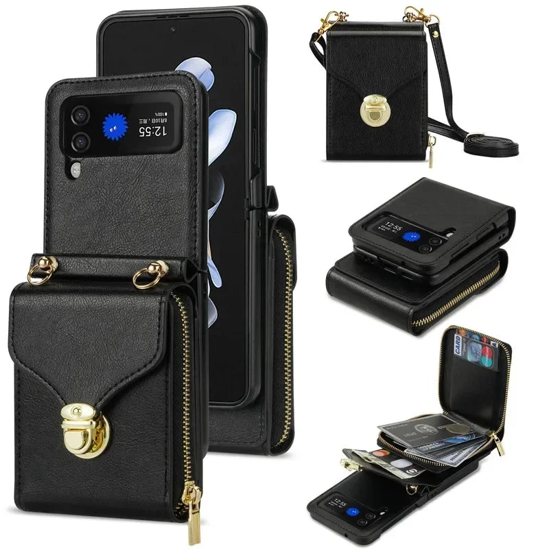Lanyard Leather Zipper Wallet Card Slot Phone Case for Samsung Galaxy Z Flip 6 5 4 3 Lanyard Purse Bag Flip Stand Cover Back Bag