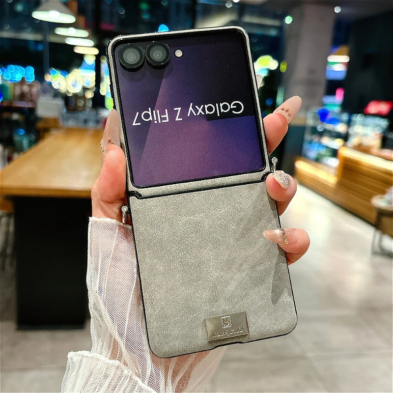 Luxury Sheepskin Leather Case with Nameplate For Samsung Galaxy Z Flip 7 6 5 4 3 5G ZFlip7 FE Fashion Back Cover With lanyard