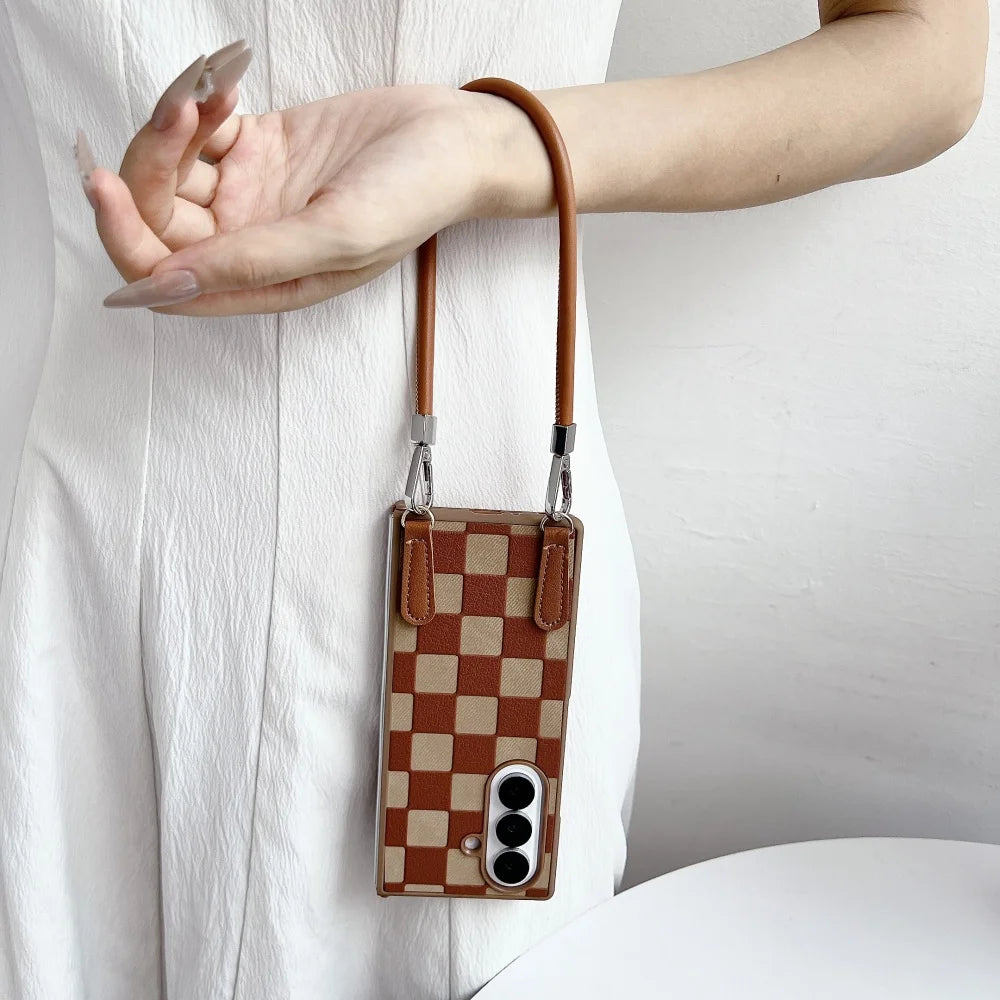 Vintage Chevron Wrist Strap Lanyard Anti Drop Fold Phone Case For Samsung Z Fold 7 6 5 4 3 Lens Protection Shockproof Back Cover