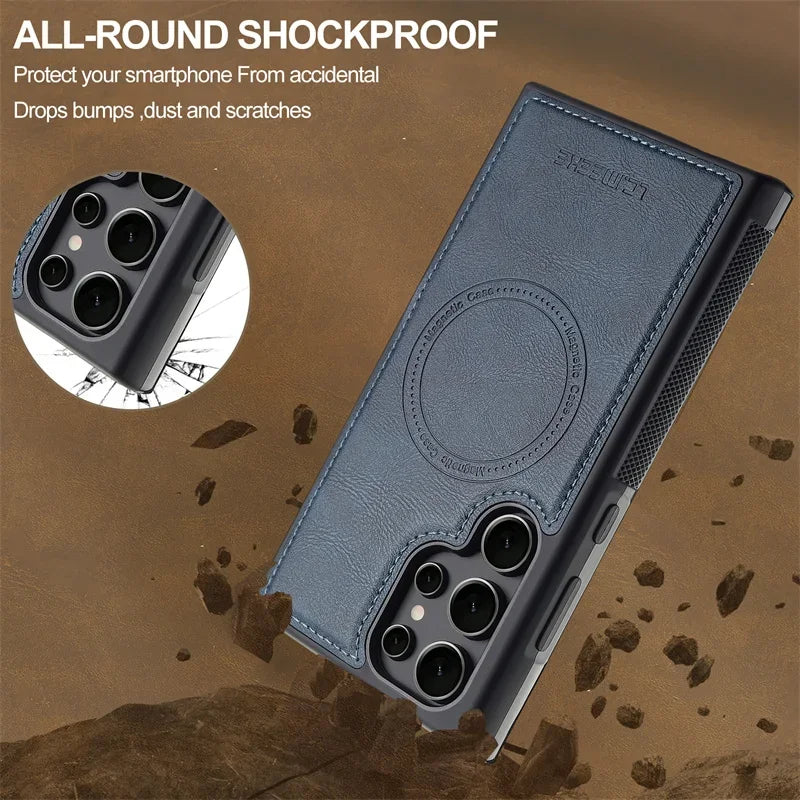 Magnetic Leather Phone Case for Samsung Galaxy S26 S25 Edge S24 Ultra S23 FE S22 Plus S21 S20 A17 A37 A57 Wireless MagSafe Cover