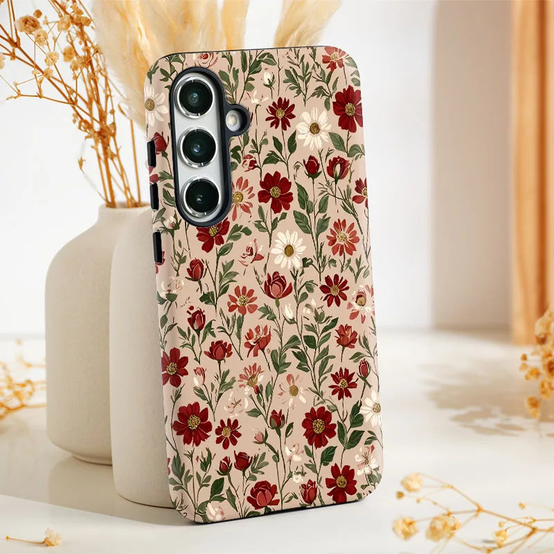 For Samsung S25 S24 S23 S22 S21 Plus Ultra S25 Edge S20 FE A56 A16 15 26 36 Vintage Flower 2 IN 1 Film shell Phone Case Cover