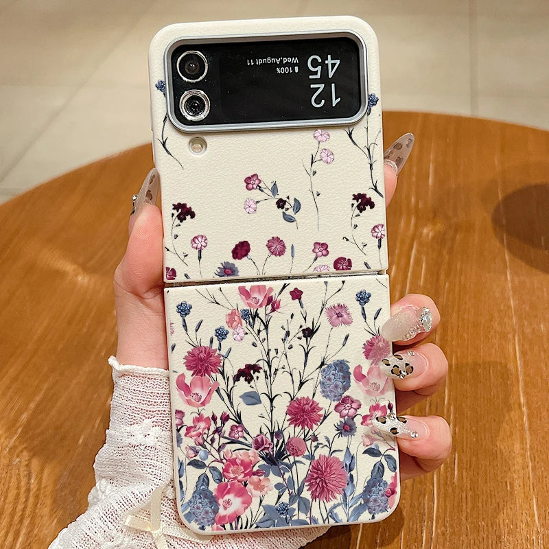 Purple Flower Print Case For Samsung Galaxy Z Flip 6 5 4 3 Magnetic For Magsafe Folding Cover For Samsung Z Flip6 Flip5 Flip4
