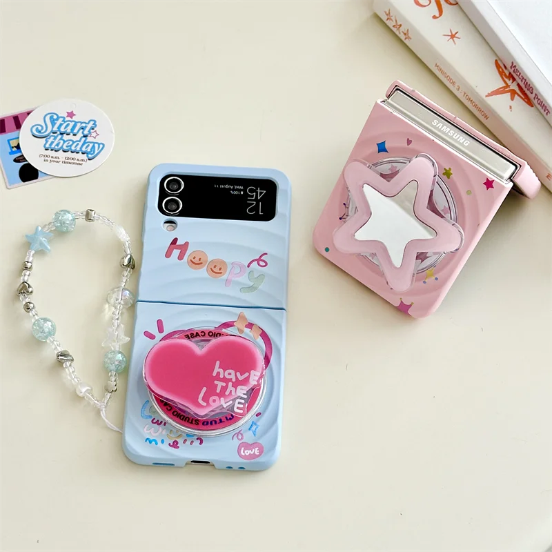 Korean Cute Star Magnetic Stand Holder Phone Case For Samsung Galaxy Z Flip 7 6 5 4 3 Flip5 Flip6 Flip7 Cover Cases with Chain