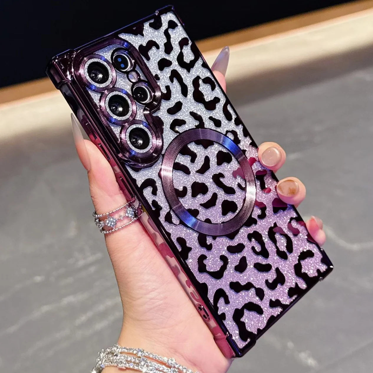 Luxury Leopard Pattern Magnetic Case For Samsung S26 Ultra S26 Plus Gradient Glitter Cover For Galaxy S25 Ultra Plating Case