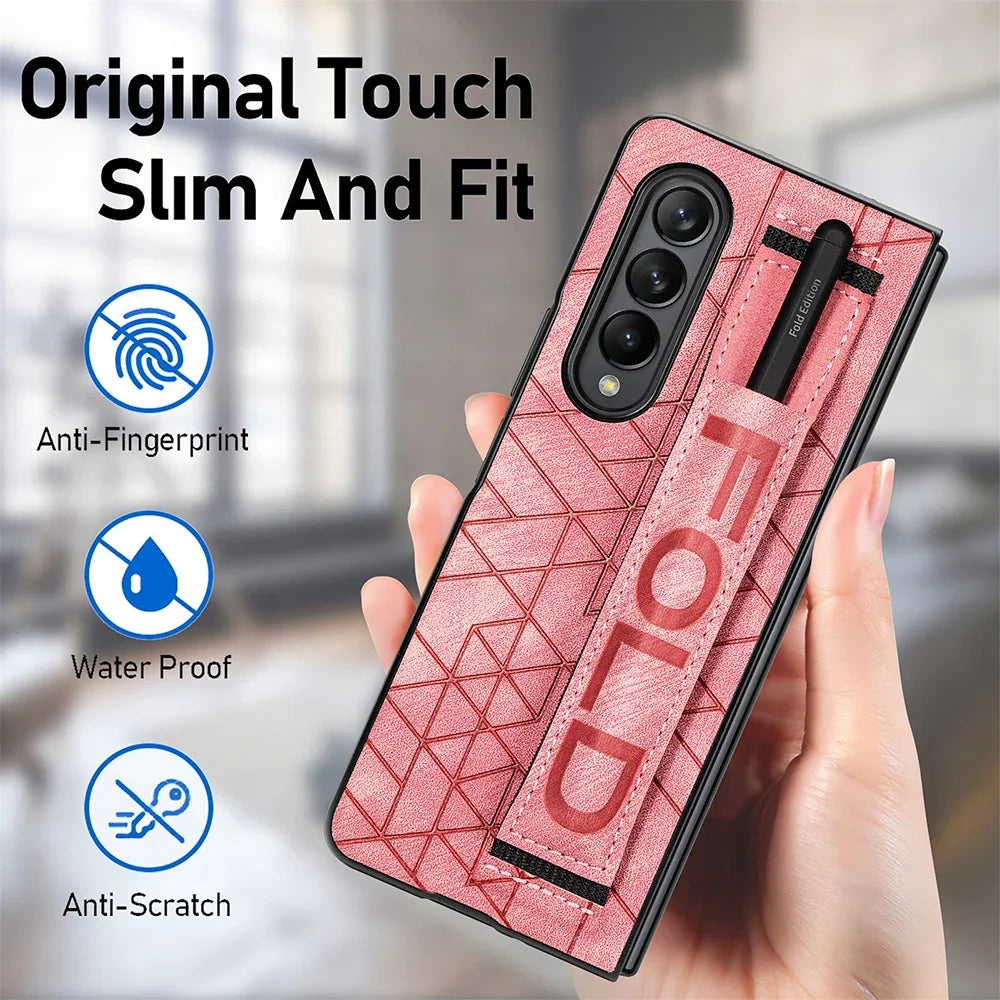 Leather Case for Samsung Galaxy Z Fold 6 5 4 3 5G Cover Stripe Geometric Soft Shockproof Hand Band SPen Slot Shell Funda Holster