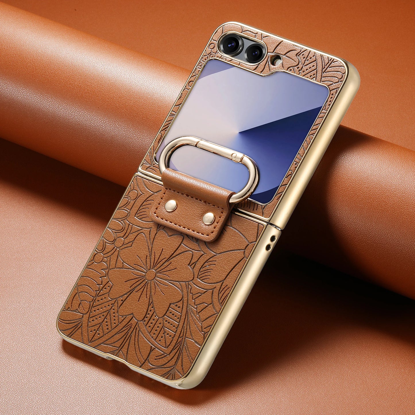 For Samsung Galaxy Z Flip 7 FE 6 5 4  Leather Embossed Flower Phone Case with Ring Buckle Electroplated Shockproof Cover