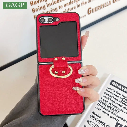 Original Leather Matte Litchi Phone Case For Samsung Galaxy Z Flip 6 5 4 3 Ring Stand Holder Shockproof Cover For Galaxy Flip 6