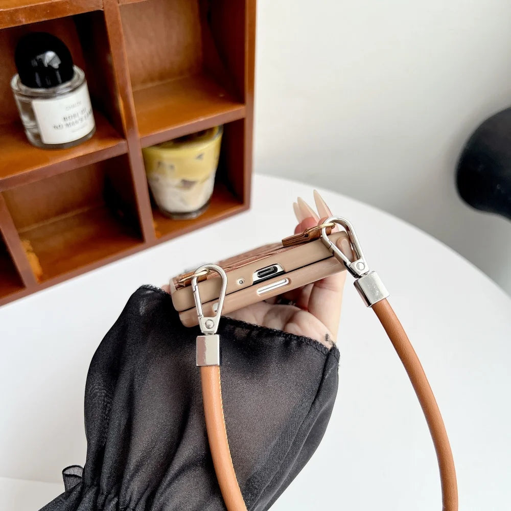 Vintage Chevron Wrist Strap Lanyard Anti Drop Fold Phone Case For Samsung Z Fold 7 6 5 4 3 Lens Protection Shockproof Back Cover