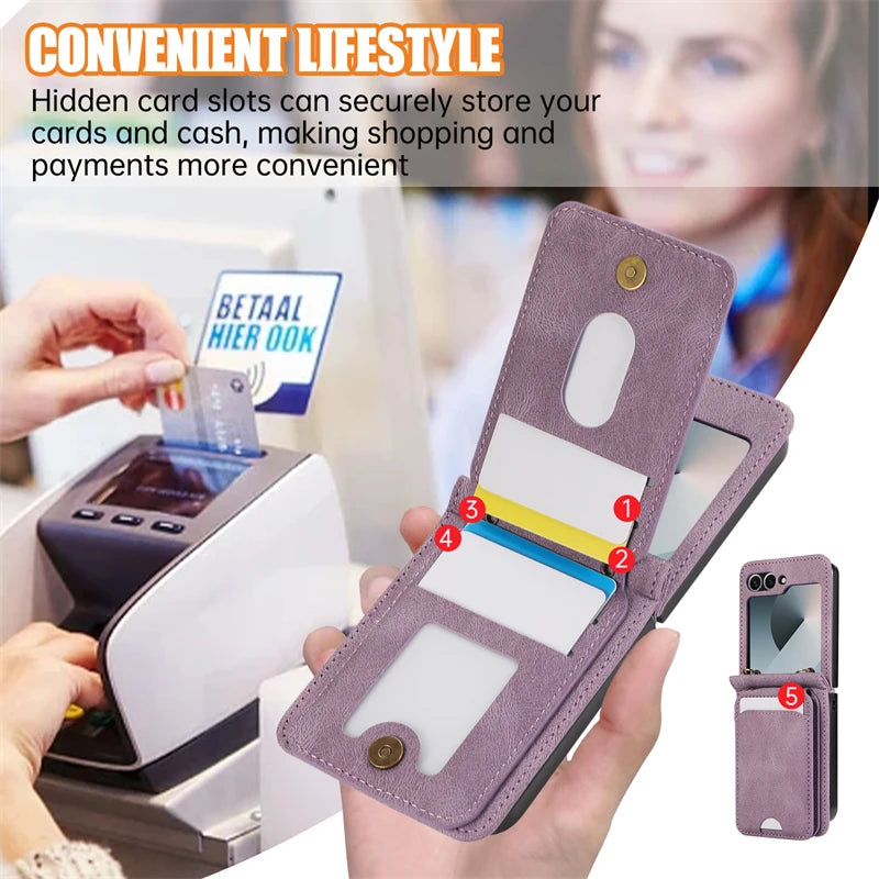 Leather Wallet Card Holder Case for Samsung Galaxy Z Flip 6 5 4 3 ZFlip Flip6 Flip5 Flip4 Flip3 with Crossbody Lanyard Bag Cover