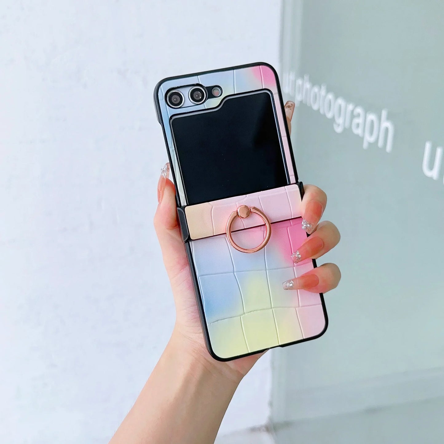 Leather Ring Gradient Color Fall Prevention Phone Case for Samsung Galaxy Z Flip 6 5 4 3  Flip5 Flip4 Flip3 5G Shockproof Cover