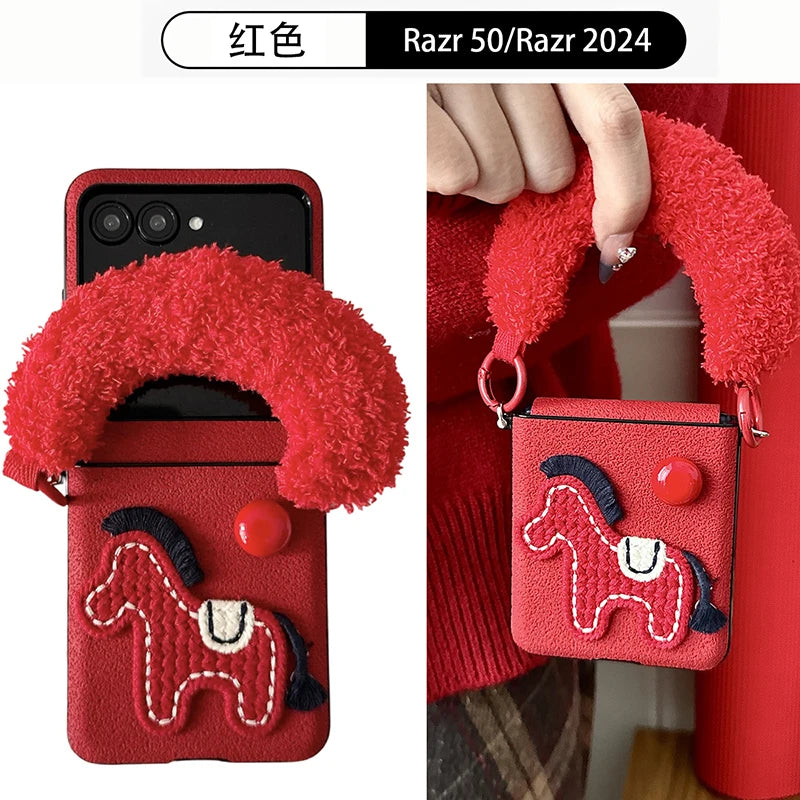 Case For Motorola Razr 60 Ultra 50 Ultra 2025 Razr Plus Side Button Plush Horse Shockproof Hard Mobile Phone Case Cover