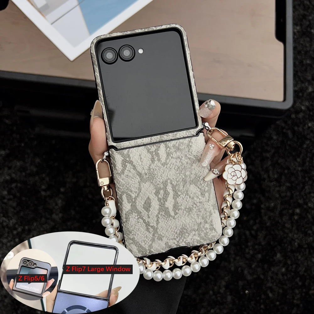 Luxury Snake Texture PU Leather Case For Samsung Galaxy Z Flip7 Flip 7 6 5 4 Zflip6 Case Pearl Flower Bracelet Strap Back Cover