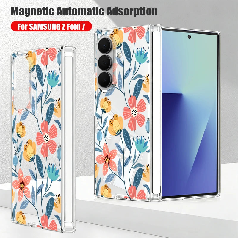 Magnetic Adsorption Phone Case For Samsung Galaxy Z Fold 7 6 5 Fold7 Fold6 Fold5 5G Flower Floral Pattern Clear Shockproof Cover