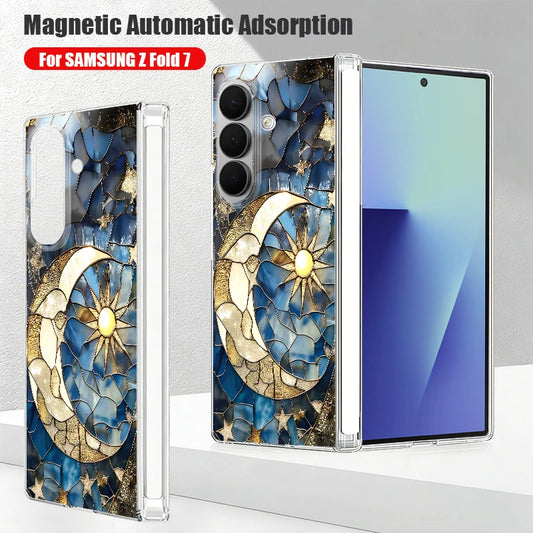 Clear Magnetic Auto Adsorption Phone Case For Samsung Galaxy Z Fold 7 6 Fold7 Fold6 Fold5 5G Vintage Moon Print Hard PC Cover