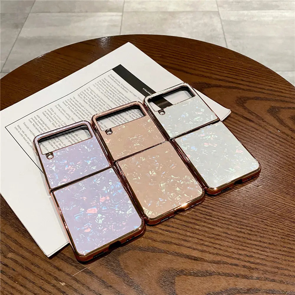 Shell Pattern Gold Plating Glitter Case For Samsung Z Flip 6 Flip 5 Flip 3 4 Cover Back Shell