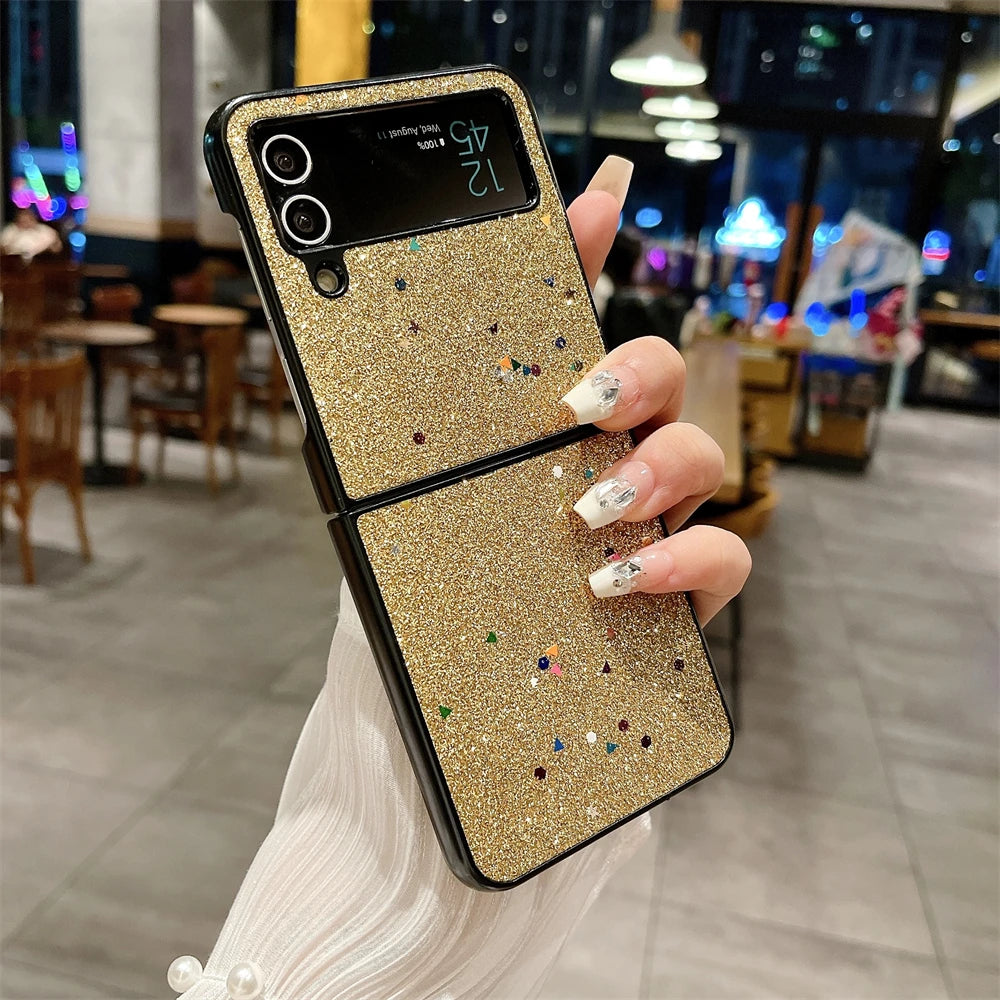 Luxury Glitter Solid Color Phone Case For Samsung Galaxy Z Flip 3 Z Flip 4 Z Flip 5 Lens Protection Shiny Shockproof Back Cover