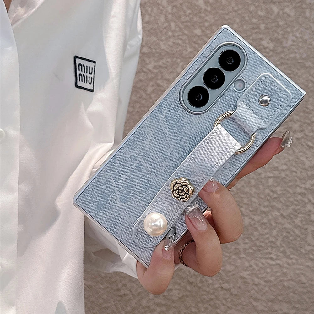 Simple Denim Wrist Strap Case for Samsung Galaxy Z Fold 7 6 5 4 3 Flower Pearl Phone Holder Phone Cover Bumper Fundas