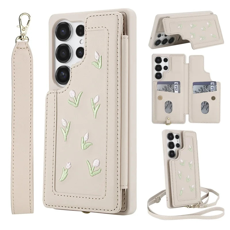 Lanyard Leather Wallet Phone Case For Samsung Galaxy S25 Edge Ultra S24 FE S23 Plus A56 A36 A16 A55 A35 A15 A54 A34 A14 Cover