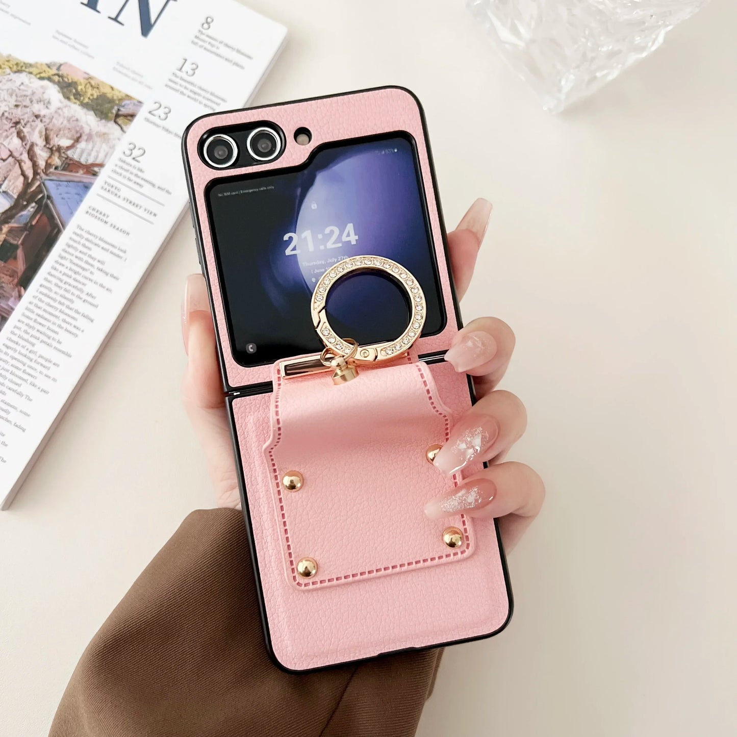 Fashion Leather Ring Holder Phone Case For Samsung Galaxy Z Flip 7 6 5 4 3 Zflip7 5G Folding Hinge Protection Shockproof Cover