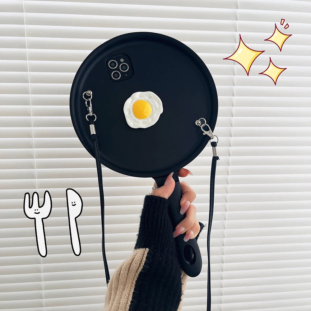 Funny 3D Frying Pan Crossbody Strap Phone Case For Samsung Galaxy S25 Ultra Cover S24 Plus S23 Ultra INS Fashion Shockproof Case