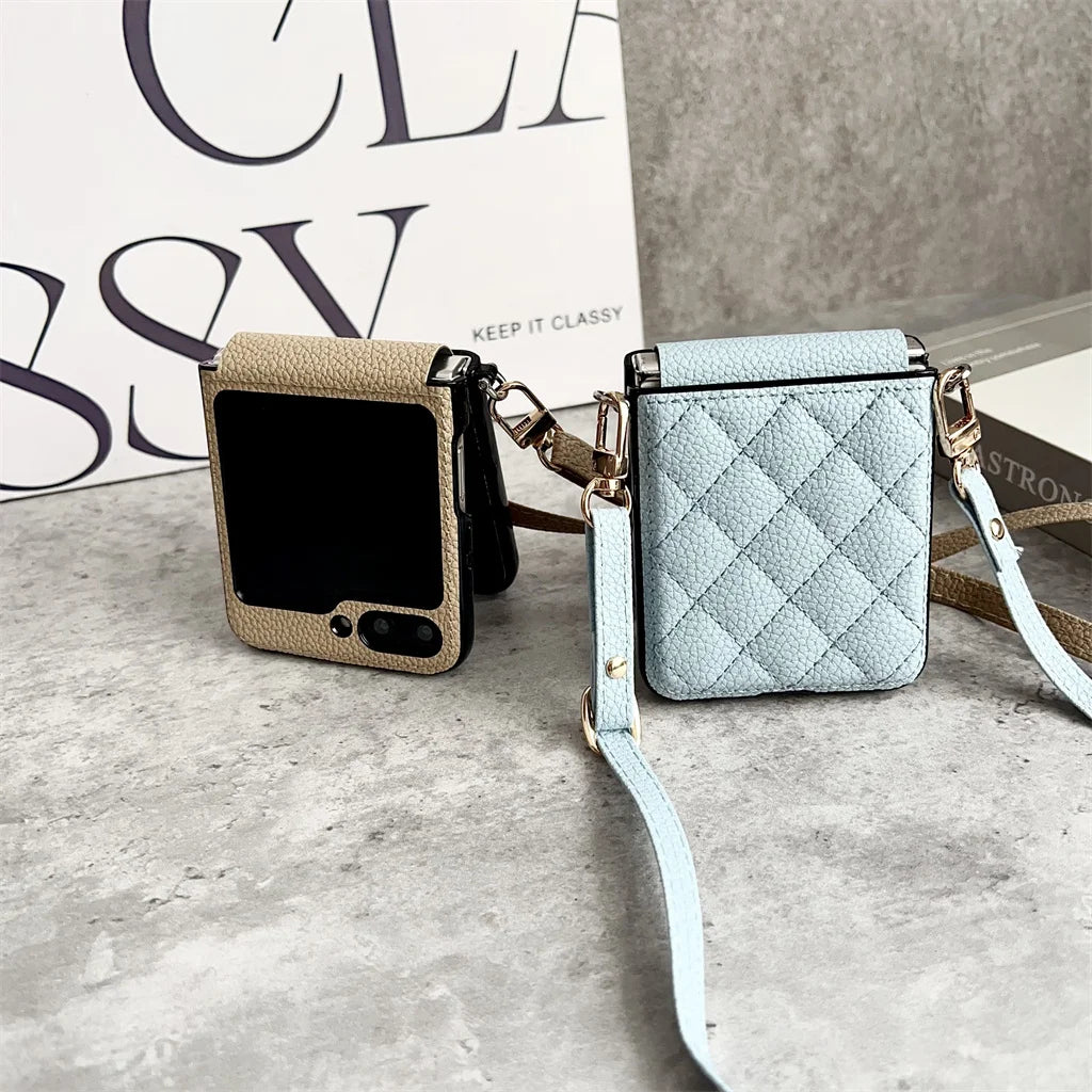 Luxury Crossbody Lanyard Rhombus Pattern PU Leather Phone Case For Samsung Galaxy Z Flip 8 7 FE 6 5 4 5G Hinge Protector Cover