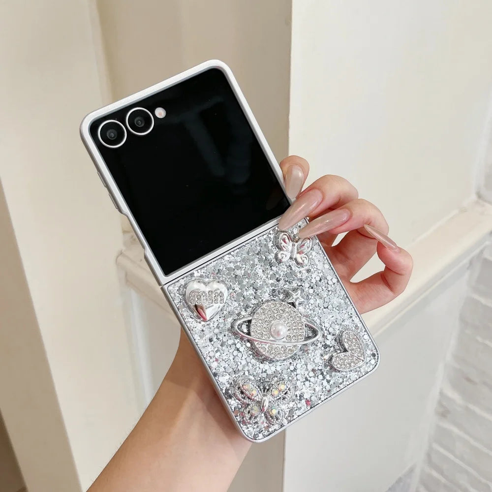 Z Flip8 Glitter 3D Diamond Butterfly Satellite Heart Pattern Case for Samsung Galaxy Z Flip7 FE 6 5 8 for Gift Shockproof Cover