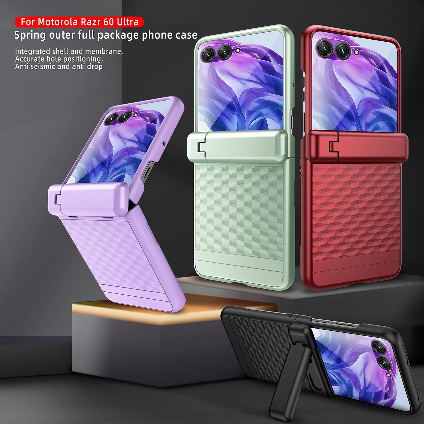Water Cube Design Hinge Wrapped Hard Case With Hiden Stand And Glass Protector For Motorola Razr 60 50 60Ultra 2025 2024