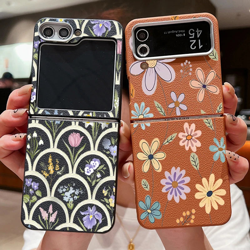 For Samsung Galaxy Z Flip 5 6 3 4 5G Cartoon Flowers Soft Case Leather Texture TPU Folding Phone Cover For Samsung Z Flip5 Flip4
