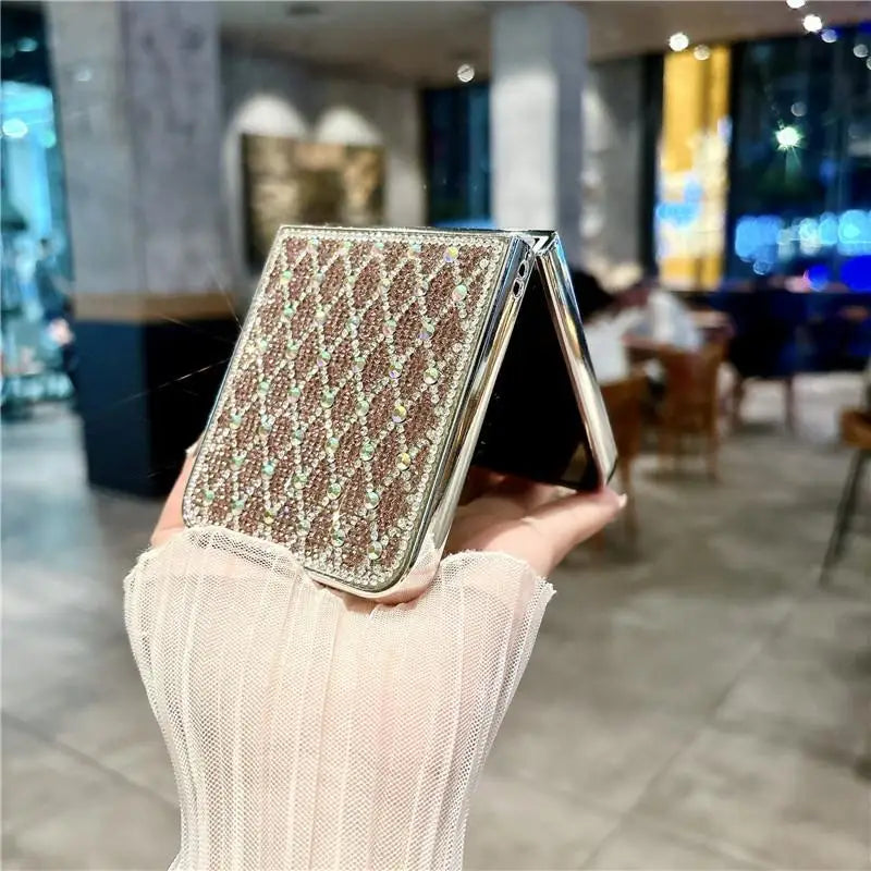 Glitter Bling Plaid Diamond Phone Case For Samsung Galaxy Z Flip 7 Flip6 ZFlip 5 4 Luxury Rhinestone High-end Plating Hard Cover
