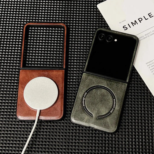 Retro Plain Vegan Leather With Magnetic Ring Case For Motorola Razr 60 Ultra razr60 Moto Razr 50 Razr+ 2024 Camera protect Cover