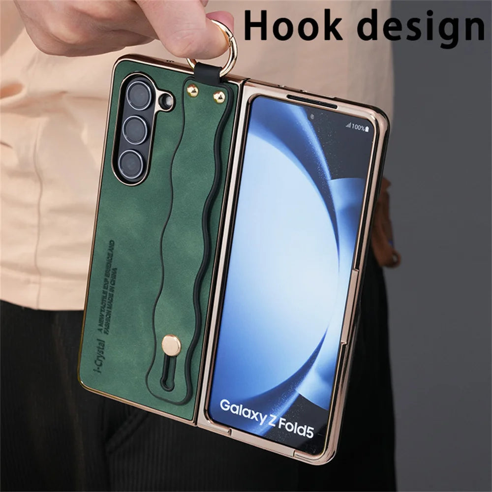 for Z Fold 7 Fashion Wave Wristband Leather Folding Case For Samsung Galaxy Z Fold 3 4 5 6 Zfold6 Fold7 Ring Buckle Holder Cover