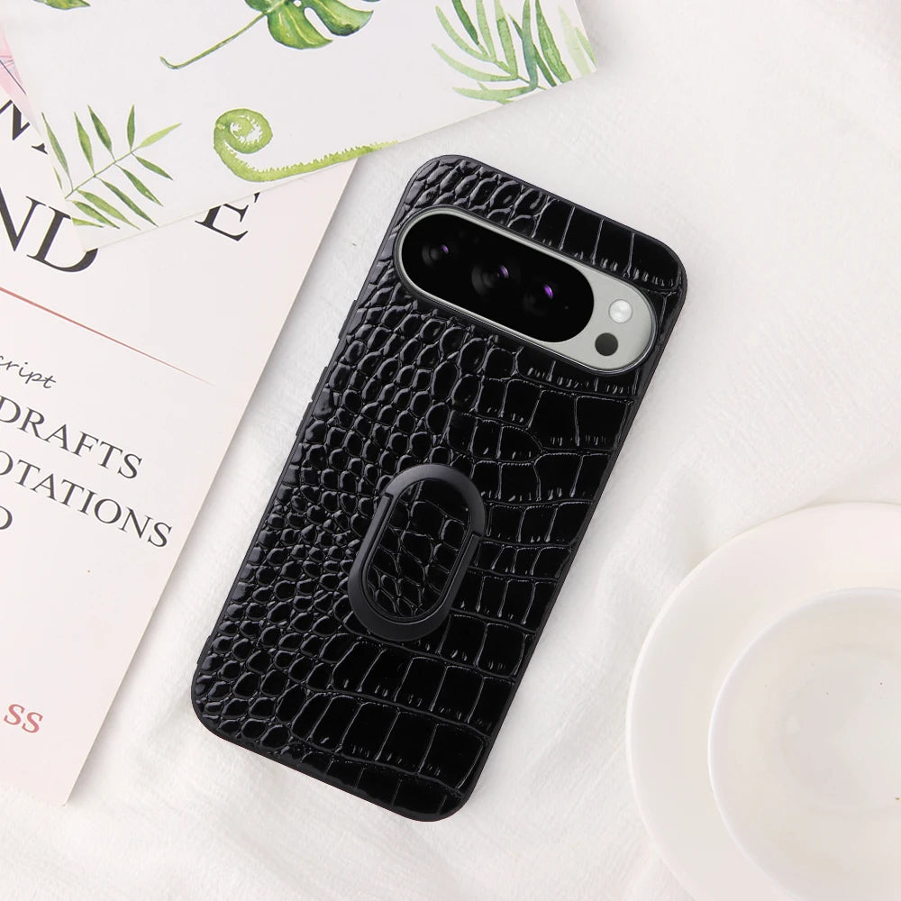 For Google Pixel 10 Pro 8 7 6 9 Pro XL 9A 8A 7A Leather Case With Finger Ring Holder Carbon Fiber Saffiano Leopard Print Cover