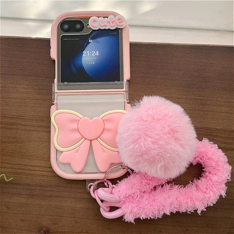 3D Bow Clear Case With Hairball Pendant For Samsung Galaxy Z Flip 3 4 5 6 7 5G ZFlip7 Protect Lovely 3-PIECE Set Cute Cover Gift