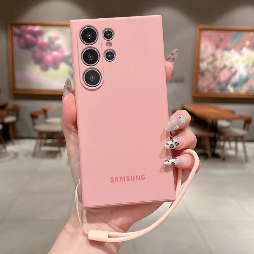 Original Liquid Silicone Wrist Strap Soft Case Samsung Galaxy S25 S24 Ultra S23 S22 Plus S21 FE Lens Protection Thickened Cover