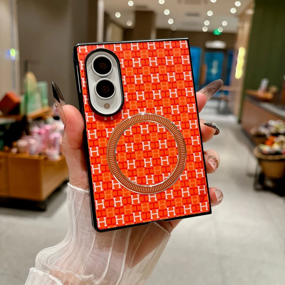 For Magsafe Magnetic Phone Case For Samsung Galaxy Z Fold 8Ultra Double Axis Rainbow Bridge Leather Grain Hinge Shockproof Cover