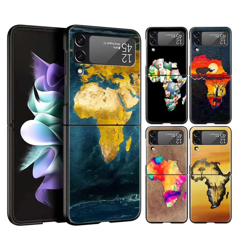 Africa Map Geography Painted Phone Case For Samsung Galaxy Z Flip 6 5 4 3 Shell For Samsung Z Flip3 Flip4 Flip5 Hard PC Cover