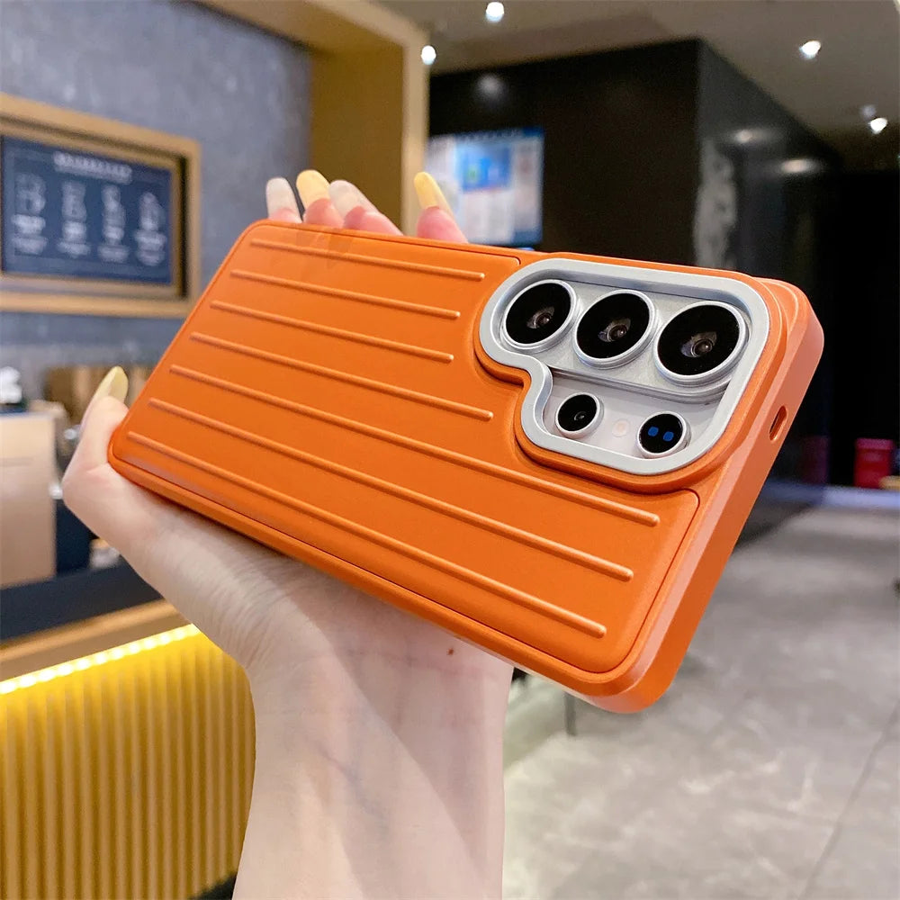 Luxury Luggage Texture Plating Phone Case For Samsung S26 S25 S24 S23 S22 Ultra Solid Color Anti-Slip Striped Protection Cover