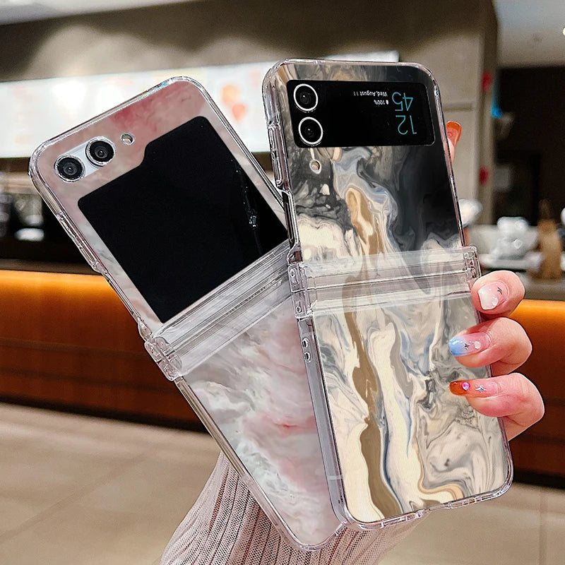 Ink Marble Pattern Clear Phone Case For Samsung Galaxy Z Flip7 FE Flip5 Flip6 Folding Hard Cover For Samsung Z Flip 7 6 5 4 3 5G