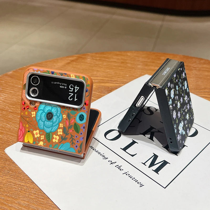 Romantic Garden Flower Case For Samsung Z Flip4 Flip5 Flip6 5G Leather Texture TPU Folding Cover For Samsung Galaxy Z Flip 3 4 5