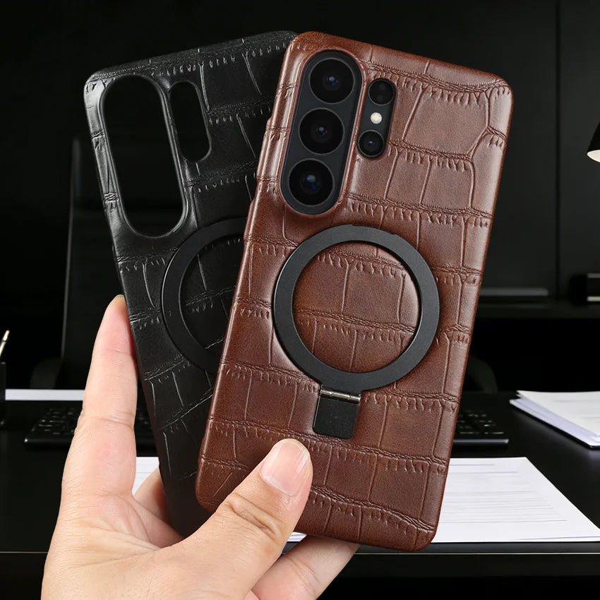 Magnetic Case For Samsung Galaxy S26 Ultra S25 Plus S24 FE S23 S22 S21 S20 Phone Case Back Cover Bracket Ring Crocodile Leather
