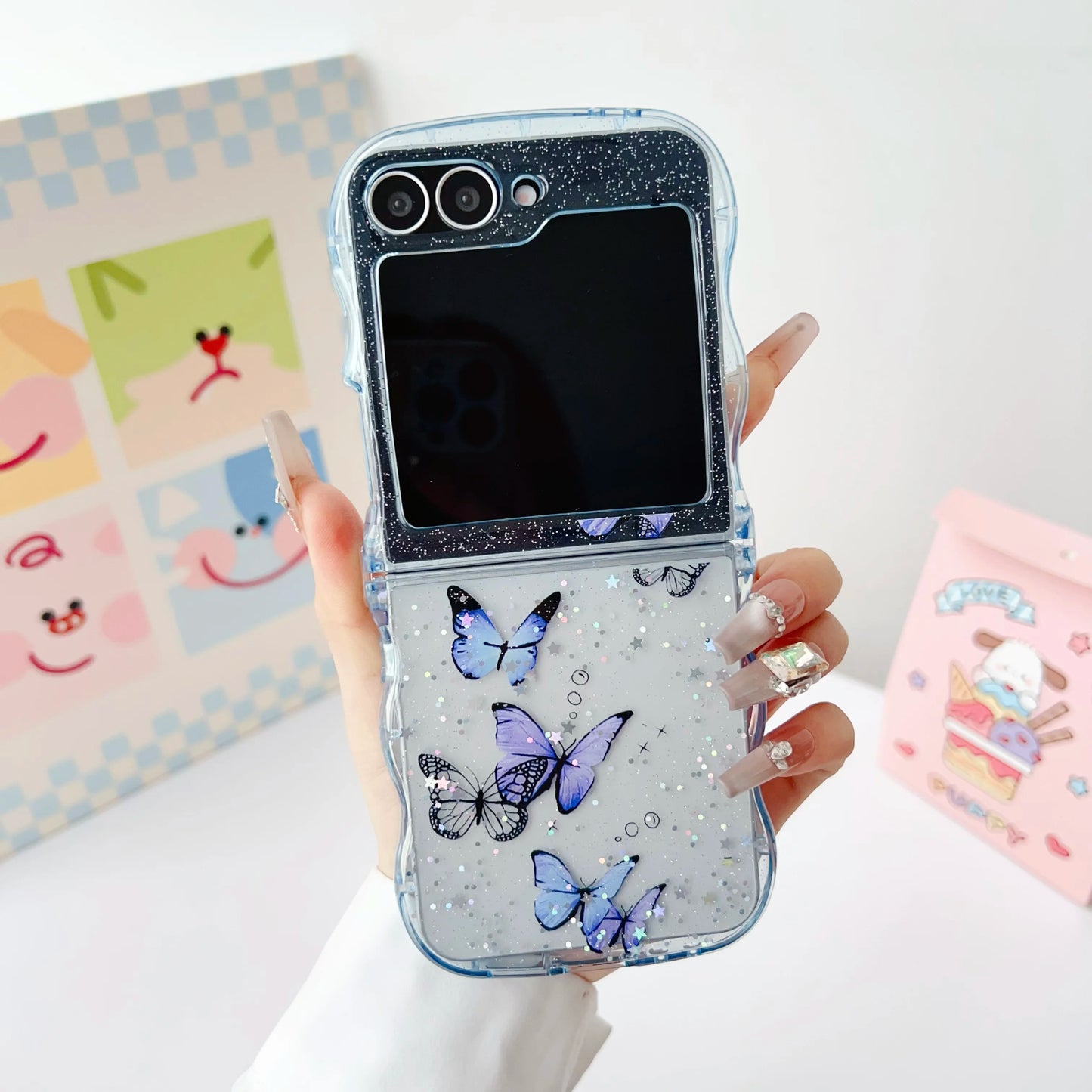 Butterfly Glitter Transparent Wavy Edge Silicone Case For Samsung Galaxy Z Flip 6 5 4 3 Sparkling Sequins Shockproof Phone Cover