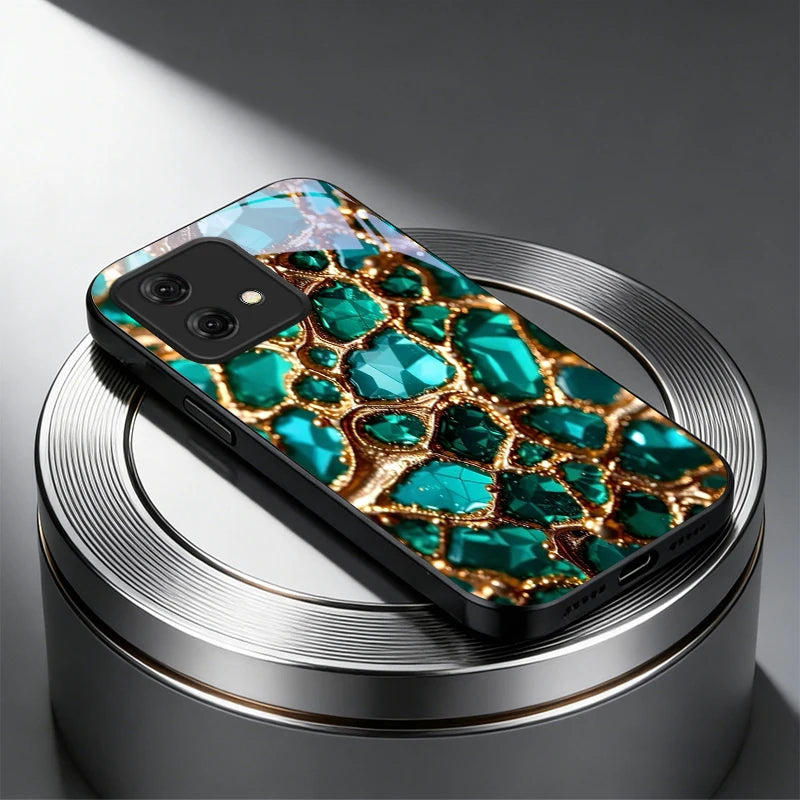 Luxury Green Gem Golden Black Glass Phone Case For Motorola Moto Edge 60 70 20 Lite 30 Pro 40 50 Ultra G45 G54 G55 G75 84 Cover