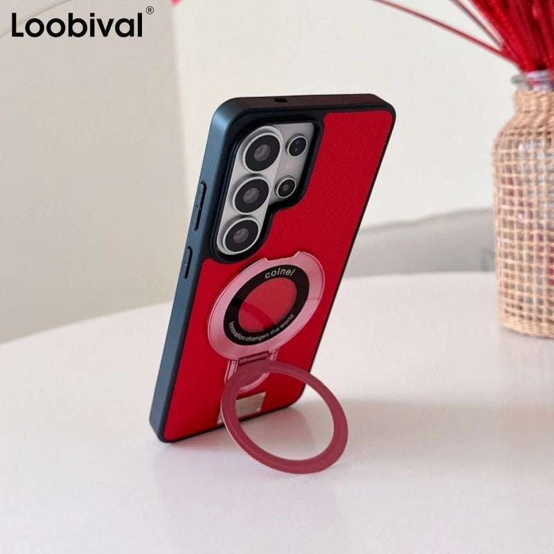 Luxury Leather Magnetic Bracket Case for Samsung Galaxy S26 S25 S24 S23 Ultra Plus Wireless Charge Ring Holder Shockproof Cover