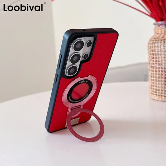 Luxury Leather Magnetic Bracket Case for Samsung Galaxy S26 S25 S24 S23 Ultra Plus Wireless Charge Ring Holder Shockproof Cover