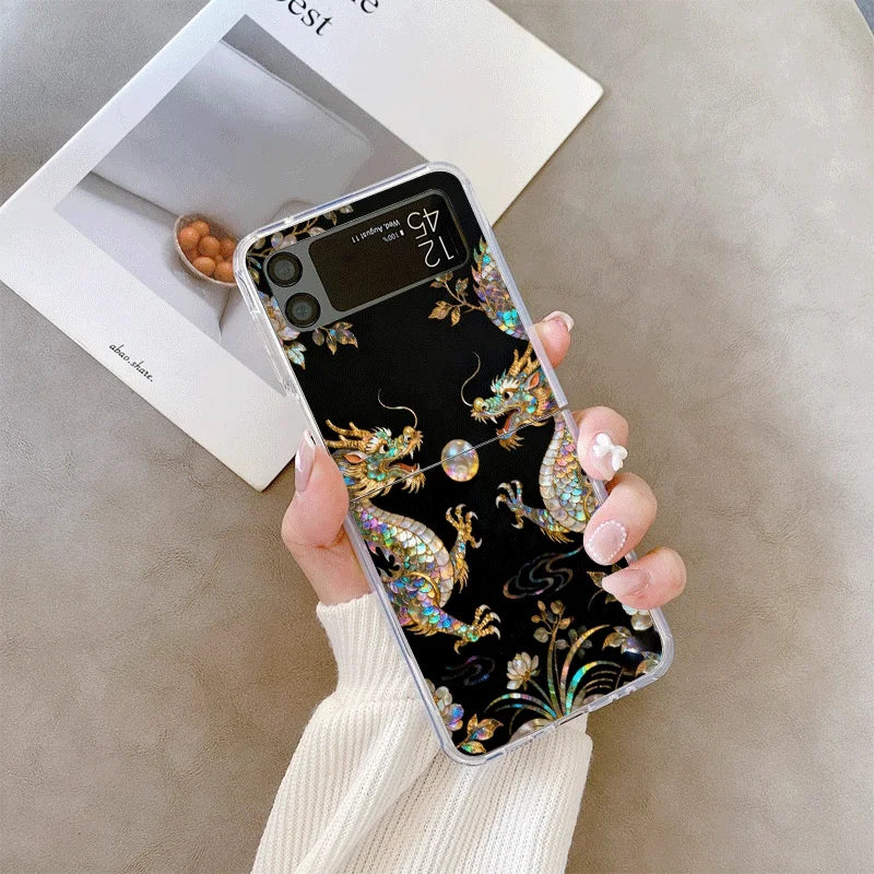 Stylish Dragon Leopard Marble Texture Clear Phone Case for Samsung Galaxy Z Flip 7 Flip 6 5 4 3 Folding Cover for Z Flip7 Flip5