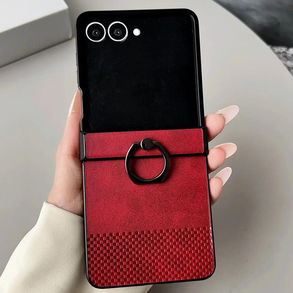 Luxury Leather Lattice Texture With Ring Phone Case For Samsung Galaxy Z Flip 3 4 5 6 7 7FE Hinge Anti-Scratch Back Phone Cover