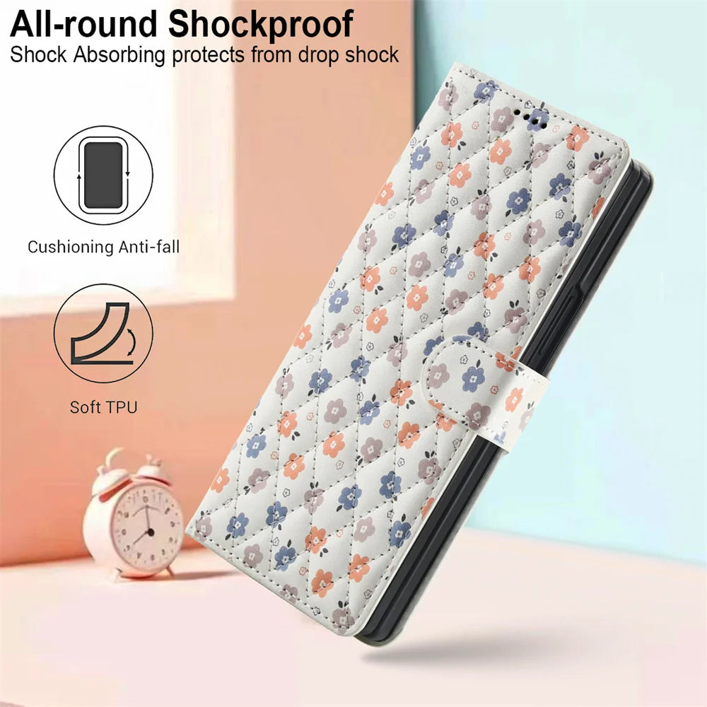 Luxury White Leather Colorful Flowers Wallet Flip Phone Case For Samsung Z Fold 7 6 5 4 5G Soft Wrist Strap Shockproof Cover
