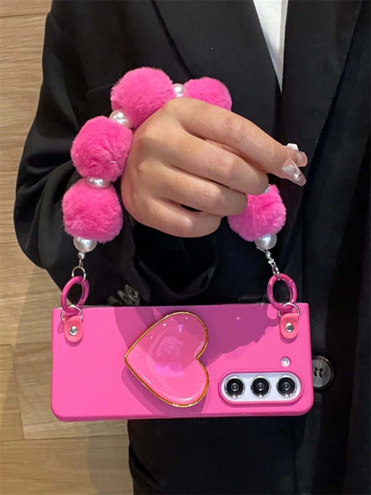 New Korean Rose Red Plush Ball Love Bracelet Pearl Bracelet Case for Samsung Galaxy Z Fold7 Z Fold6 Z Fold5 Z Fold4 ZFold3 Cover